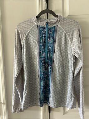 Boho Light Gray And Blue Long Sleeve Swim Top with Blue Center Panel